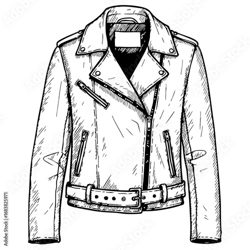 Leather jacket vintage sketch in black and white style  