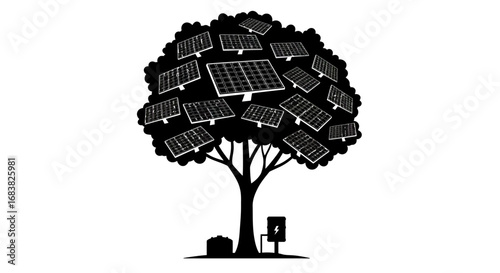 Sustainable energy concept tree with solar panels in silhouette style