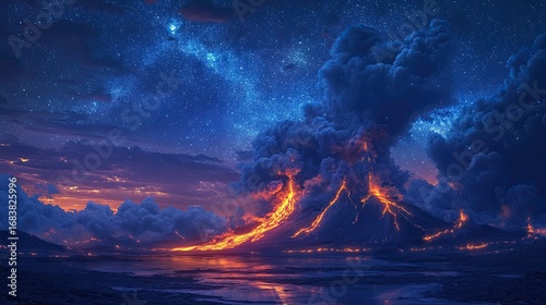 Starry Night Volcano Eruption with Lava Trails