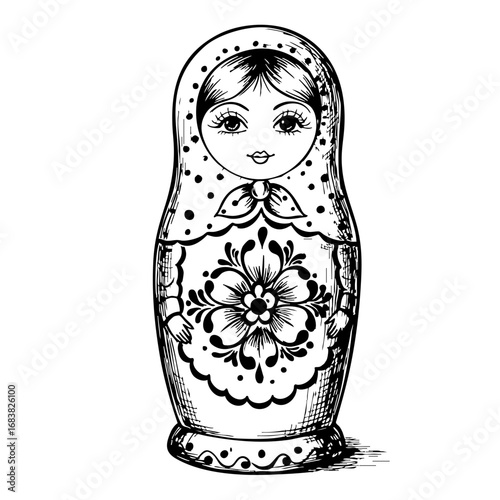 Vintage sketch of a Matryoshka doll with floral patterns  
