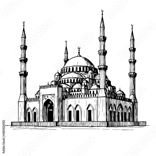 Vintage sketch of a detailed mosque with minarets and domes  
