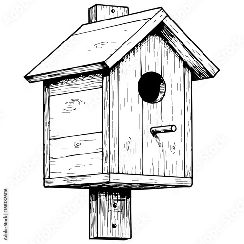 Vintage sketch of a wooden birdhouse on a pole  