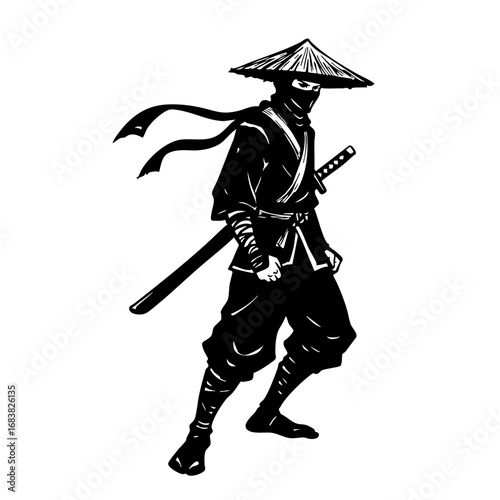 Ninja warrior in traditional attire with straw hat and katana sword  