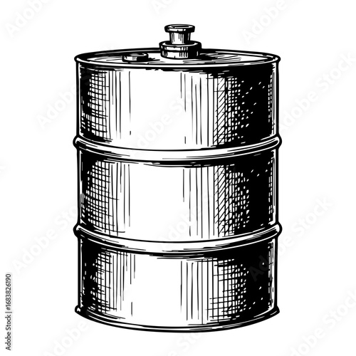 Vintage oil barrel sketch in monochrome style representing industry  