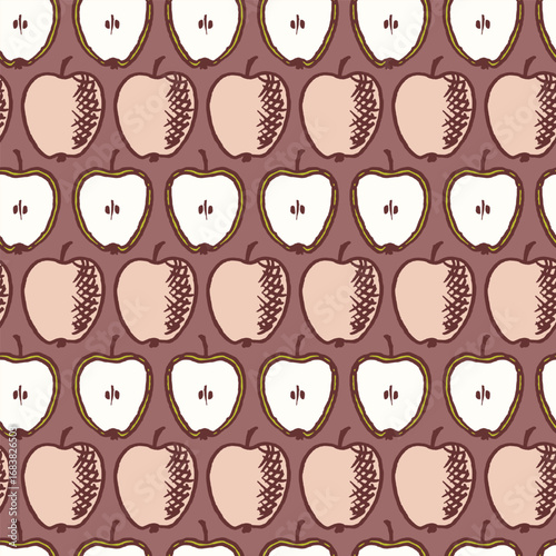 Vector seamless pattern with freehand drawn cartoon apples on brown background
