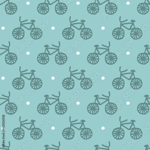 Vector seamless pattern with freehand drawn cartoon bicycles on cyan background with polka dots
