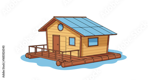 Sustainable floating cabin with solar panels on calm water