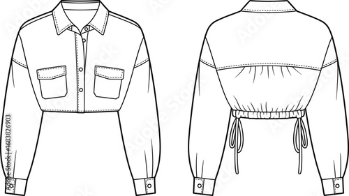 Cropped long sleeve jacket flat sketch, front and back view, drawstring waist, buttoned cuffs, flap pockets, technical fashion design.