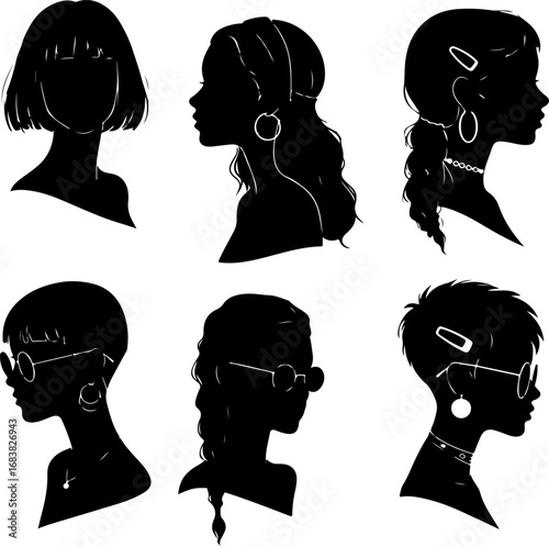 Stylish Female Silhouette Set with Headwraps, Jewelry and Accessories  Fashion Profile Vector