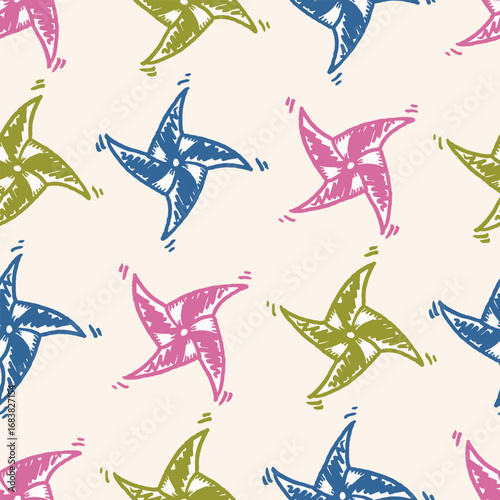 Vector seamless pattern with freehand drawn cartoon windmills on beige background