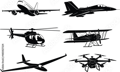 Aircraft silhouette vector set, commercial airplane, fighter jet, helicopter, biplane, glider, drone, aviation icons, black isolated transport illustration