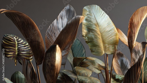 A detailed close-up view of textured, metallic leaves in warm copper, gold, and muted green tones, creating a lush and artistic arrangement against a neutral backdrop.