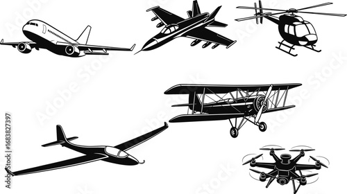 Aircraft vector set, commercial jet, fighter plane, helicopter, biplane, glider, drone, aviation icons, black and white, transportation, flight