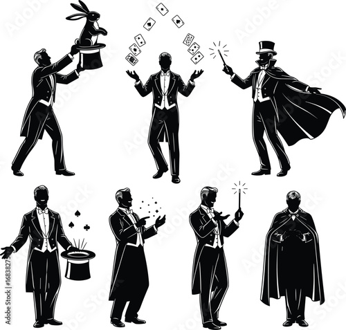 Magicians performing classic magic tricks with top hats, wands, cards, rabbits, capes, illusions, tuxedos, sparkles, and levitation silhouettes.