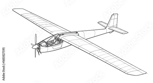 Detailed linear drawing of a small airplane with visible cockpit and propeller