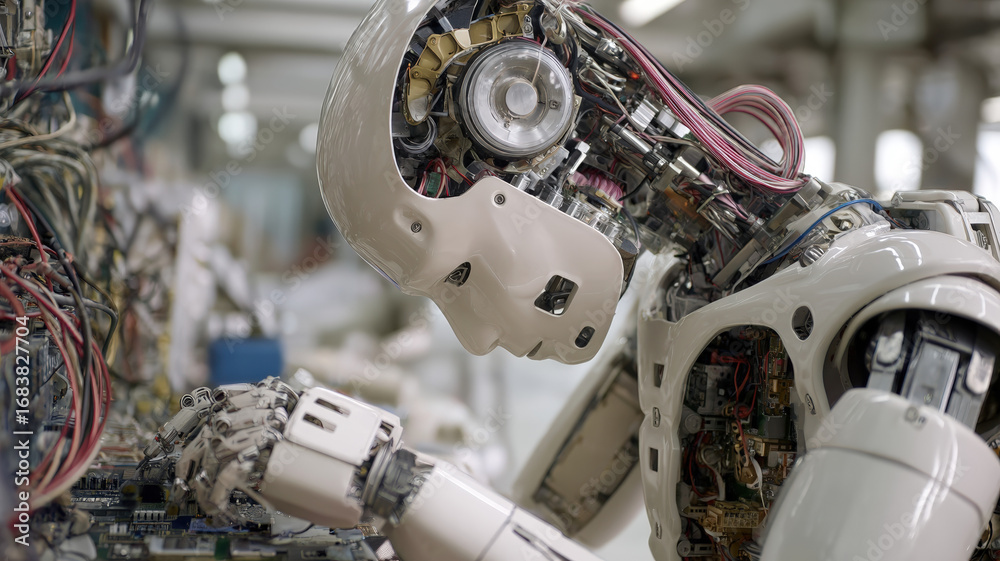 Fototapeta premium Modern White Humanoid Robot with Visible Mechanical Components in Industrial Manufacturing Laboratory Environment