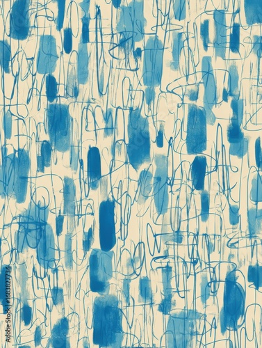 Intricate blue strokes and shapes create a vibrant abstract pattern on a light background, showcasing artistic expression and creativity.