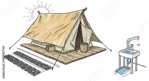 Rustic camping scene with tent and outdoor water tap sketch