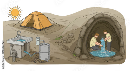 Sustainable water collection in desert camp with filtration system