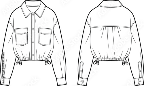 Fashion flat sketch of women's cropped jacket with drawstring hem, front and back view, long sleeves, technical clothing design.