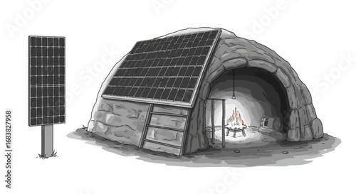 Sustainable living: modern solar-powered stone hut with fireplace