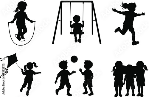 Children playing outdoors, silhouette kids activities, swing, jump rope, kite flying, running, teamwork, summer fun, childhood moments, park recreation, black vector art