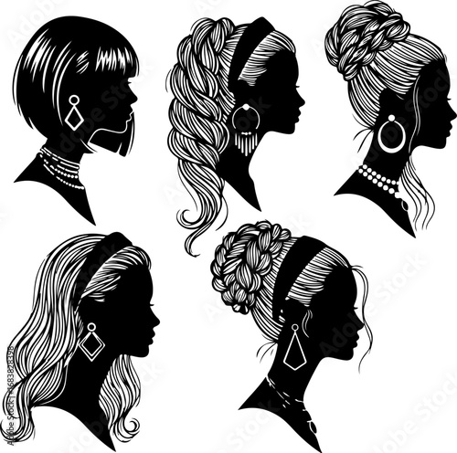 Stylish Female Silhouette Set with Headwraps, Jewelry and Accessories  Fashion Profile Vector