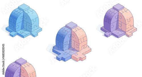 Isometric puzzle dome in pastel gradient with shadows on white background