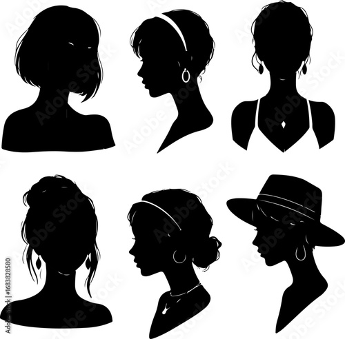 Stylish Female Silhouette Set with Headwraps, Jewelry and Accessories  Fashion Profile Vector