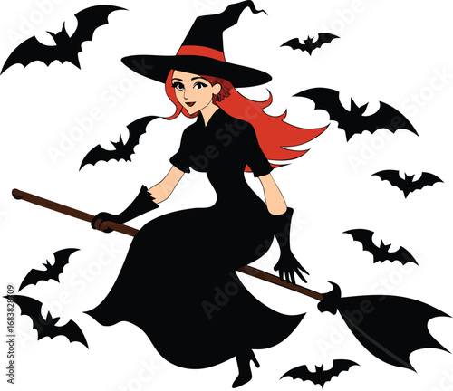 Witch Riding Broomstick With Bat Swarm