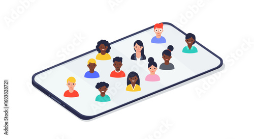 Diverse group of people in a virtual meeting on a smartphone