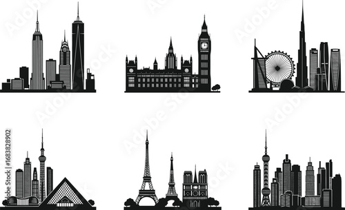 Global city skylines silhouette vector, iconic landmarks of New York, London, Dubai, Paris, Shanghai, Hong Kong, black and white illustration