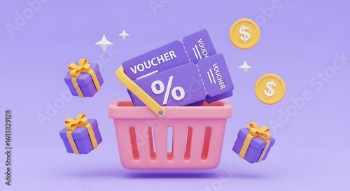 3d illustration of a pink shopping basket filled with purple discount vouchers and surrounded by gift boxes and golden coins against a purple background