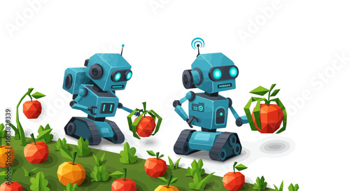 Futuristic robots harvesting geometric vegetables in a digital garden