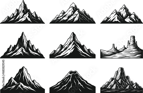 Mountain and rock formation vector set, black and white landscape illustrations, jagged peaks, volcanic cones, geological terrain, stylized nature elements, hand-drawn style