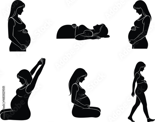Pregnant woman silhouette poses, maternity yoga, prenatal exercise, pregnancy lifestyle, expecting mother vector, black outline, health and wellness illustration