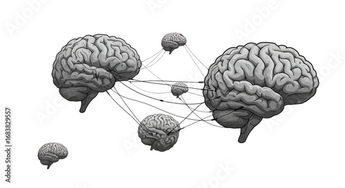 Creative network of brains with neural connections in monochrome style