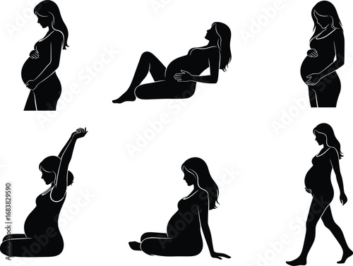 Pregnant woman silhouette, maternity poses vector, prenatal exercise clipart, expecting mother illustration, pregnancy yoga, maternal health concept, editable black icons