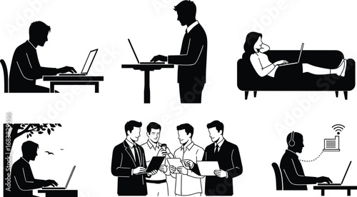 Remote work, digital lifestyle, online collaboration, modern workspace, freelance productivity, wireless technology, outdoor laptop use, virtual meeting, creative professionals,