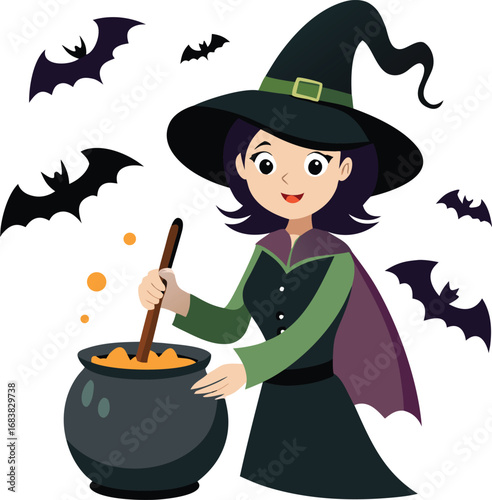 Witch Stirring Potion With Bats Flying