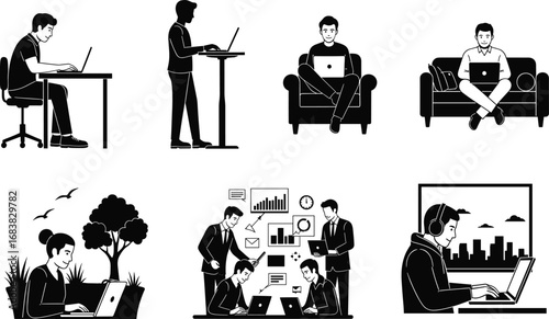 Remote work, home office, outdoor laptop use, business teamwork, digital lifestyle, modern workspace, productivity, freelance, online collaboration, casual tech environment, vector illustration
