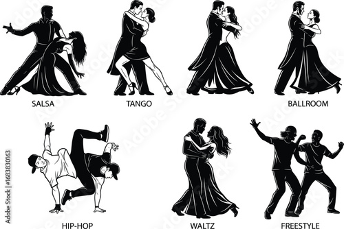 Vector illustration of diverse dance styles, salsa, tango, ballroom, hip-hop, waltz, freestyle, energetic poses, cultural movement, couple dancing, artistic expression