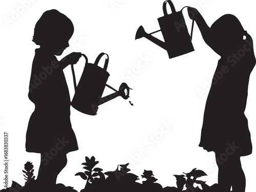 Two children silhouettes watering plants with watering cans in a garden vector