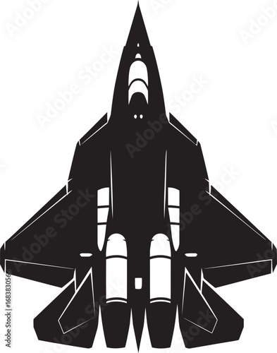 Monochrome topdown silhouette illustration of a modern stealth fighter jet with sharp angular wings