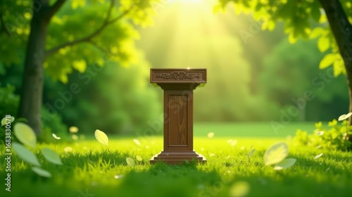Serene Wooden Lectern in a Lush Green Meadow, bathed in the soft glow of morning sunlight