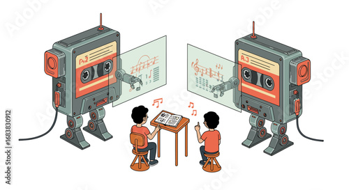Retro robots composing music with musicians in isometric design