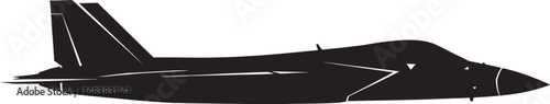 Stylized black silhouette of an F15 Eagle fighter jet in a static side profile showing its twin vertical tails and sleek fuselage