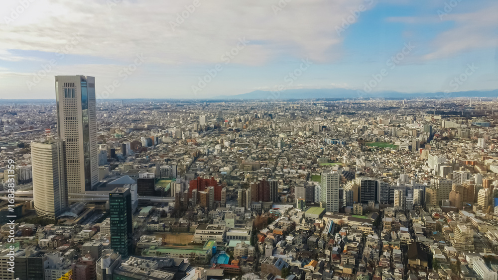 Fototapeta premium Incredible aerial perspective showcases the massive urban sprawl of Tokyo, Japan, with the distinctive Mode Gakuen Cocoon Tower standing tall amidst the dense city landscape under a partly cloudy sky.