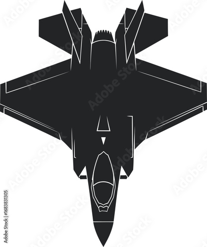 Topdown black silhouette illustration of an F22 Raptor stealth fighter jet with white outlines