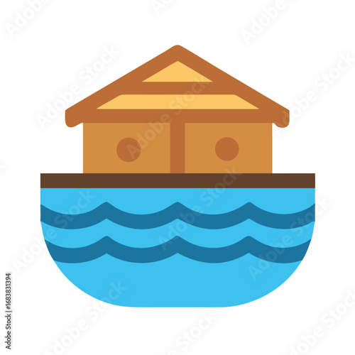 Stylized illustration of Noahs Ark floating on stylized water